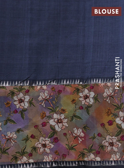 Mangalgiri silk cotton saree grey with plain body and temple design kalamkari printed applique border