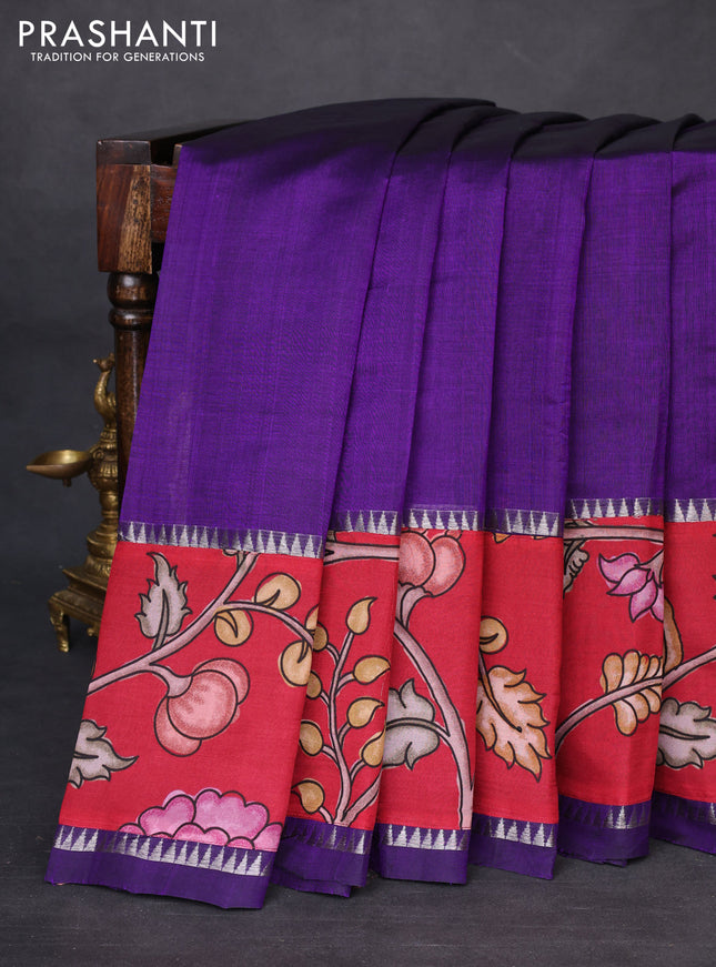 Mangalgiri silk cotton saree violet and maroon with plain body and temple design kalamkari printed applique border