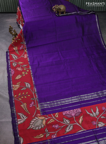 Mangalgiri silk cotton saree violet and maroon with plain body and temple design kalamkari printed applique border