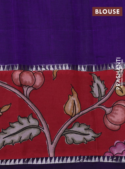 Mangalgiri silk cotton saree violet and maroon with plain body and temple design kalamkari printed applique border