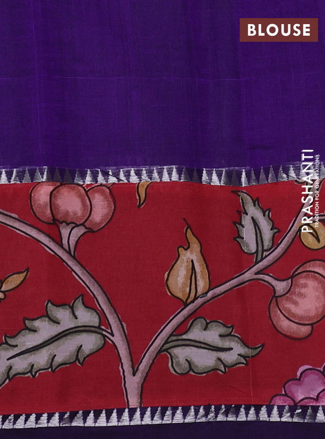 Mangalgiri silk cotton saree violet and maroon with plain body and temple design kalamkari printed applique border