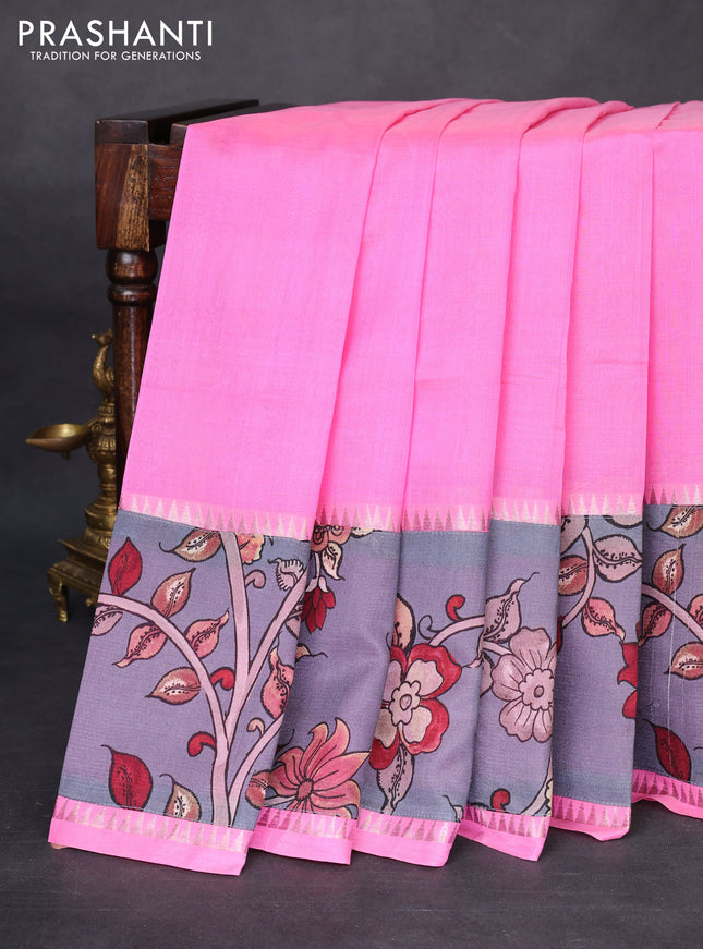 Mangalgiri silk cotton saree light pink and grey with plain body and temple design kalamkari printed applique border