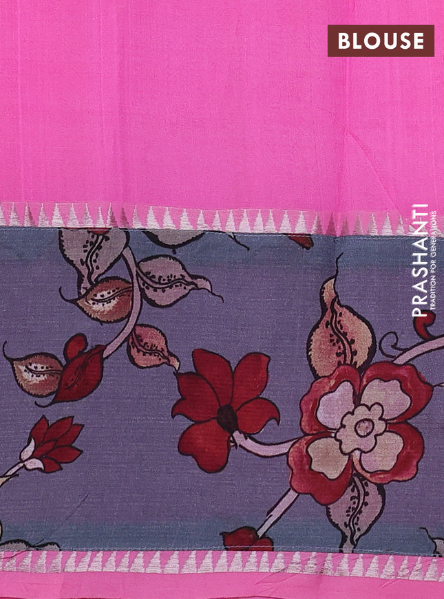 Mangalgiri silk cotton saree light pink and grey with plain body and temple design kalamkari printed applique border