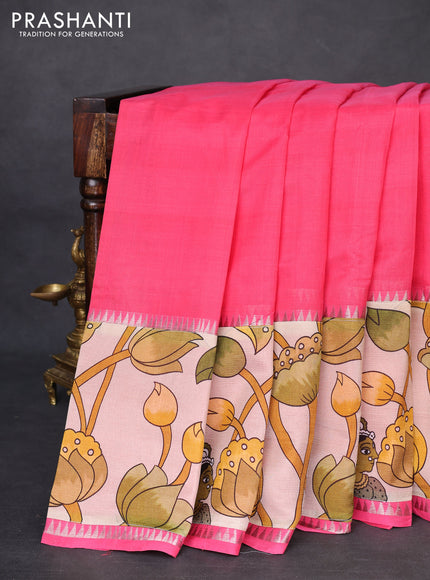Mangalgiri silk cotton saree pink shade and sandal with plain body and temple design kalamkari printed applique border