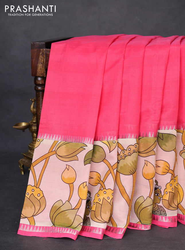 Mangalgiri silk cotton saree pink shade and sandal with plain body and temple design kalamkari printed applique border