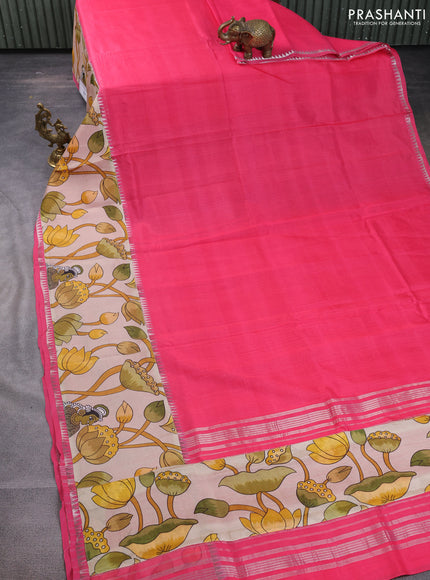 Mangalgiri silk cotton saree pink shade and sandal with plain body and temple design kalamkari printed applique border