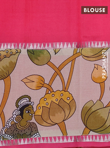 Mangalgiri silk cotton saree pink shade and sandal with plain body and temple design kalamkari printed applique border