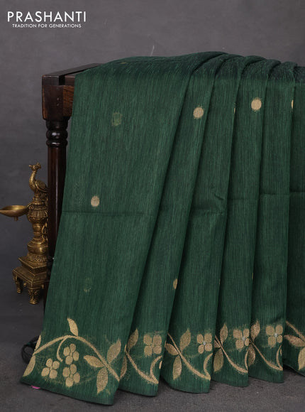 Jute linen saree green with zari woven buttas and floral zari woven border