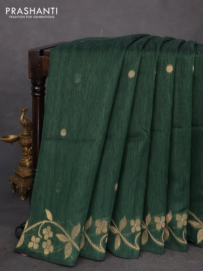 Jute linen saree green with zari woven buttas and floral zari woven border