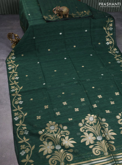 Jute linen saree green with zari woven buttas and floral zari woven border