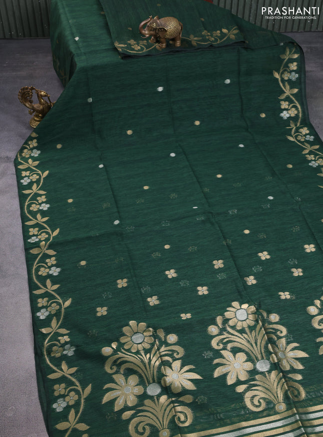 Jute linen saree green with zari woven buttas and floral zari woven border