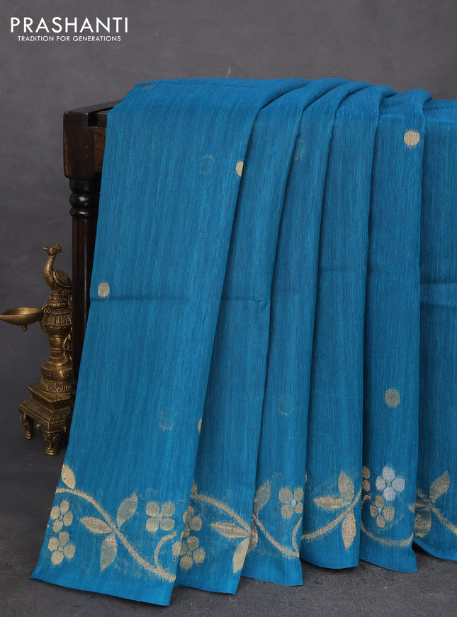 Jute linen saree teal blue with zari woven buttas and floral zari woven border