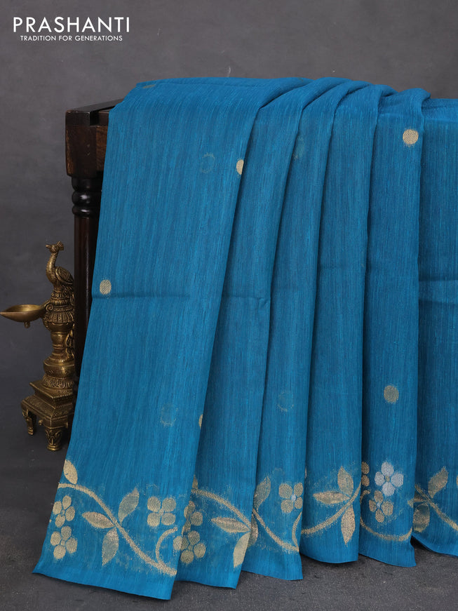 Jute linen saree teal blue with zari woven buttas and floral zari woven border