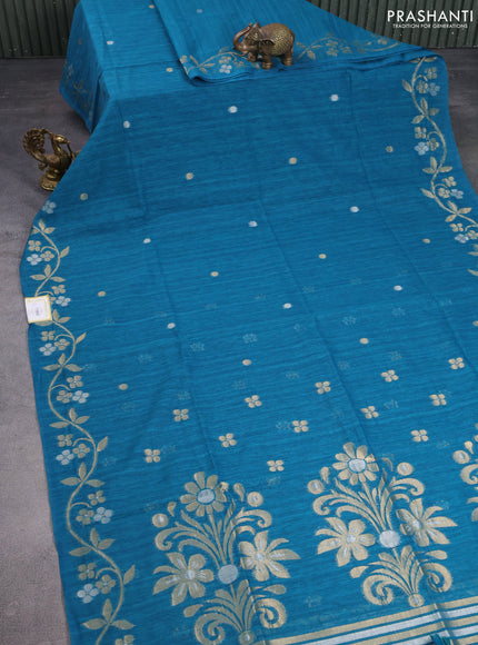 Jute linen saree teal blue with zari woven buttas and floral zari woven border