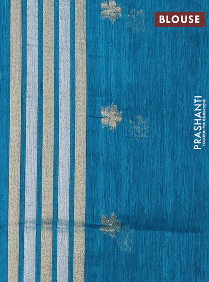 Jute linen saree teal blue with zari woven buttas and floral zari woven border