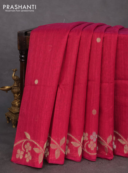 Jute linen saree pink with zari woven buttas and floral zari woven border