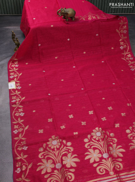 Jute linen saree pink with zari woven buttas and floral zari woven border