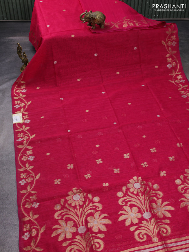 Jute linen saree pink with zari woven buttas and floral zari woven border