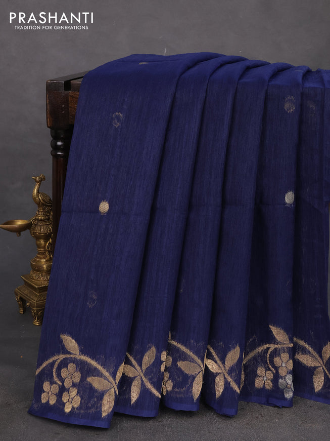 Jute linen saree navy blue with zari woven buttas and floral zari woven border
