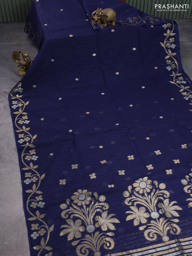 Jute linen saree navy blue with zari woven buttas and floral zari woven border