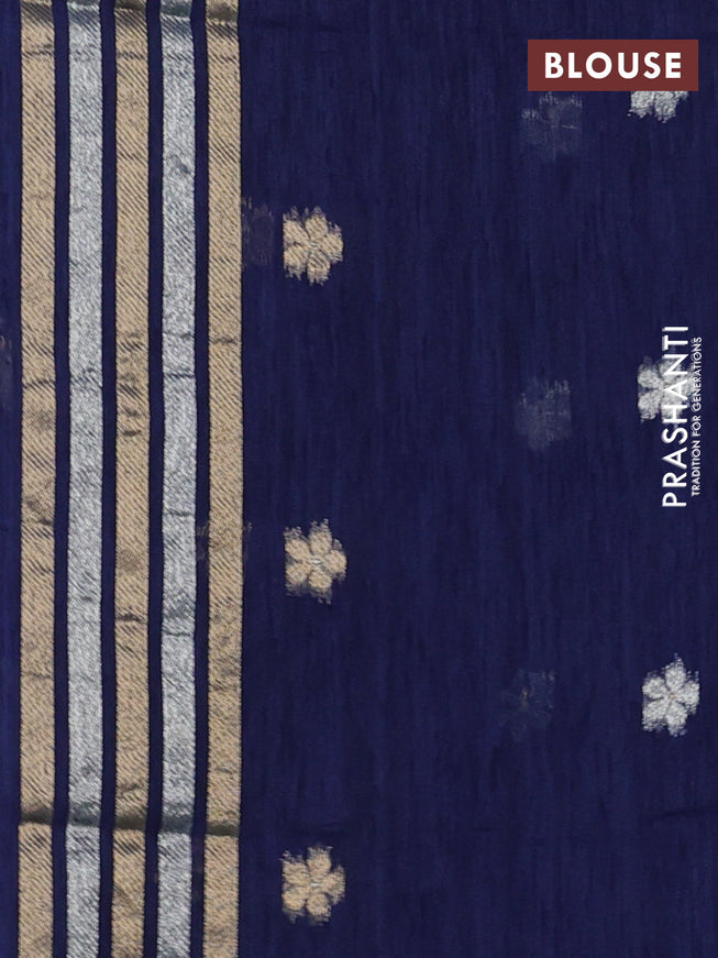 Jute linen saree navy blue with zari woven buttas and floral zari woven border