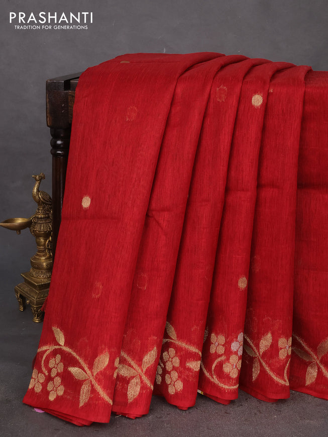 Jute linen saree red with zari woven buttas and floral zari woven border
