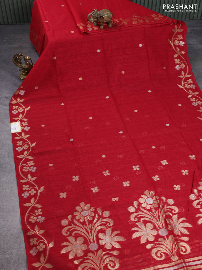 Jute linen saree red with zari woven buttas and floral zari woven border