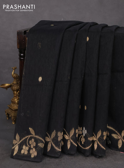 Jute linen saree black with zari woven buttas and floral zari woven border
