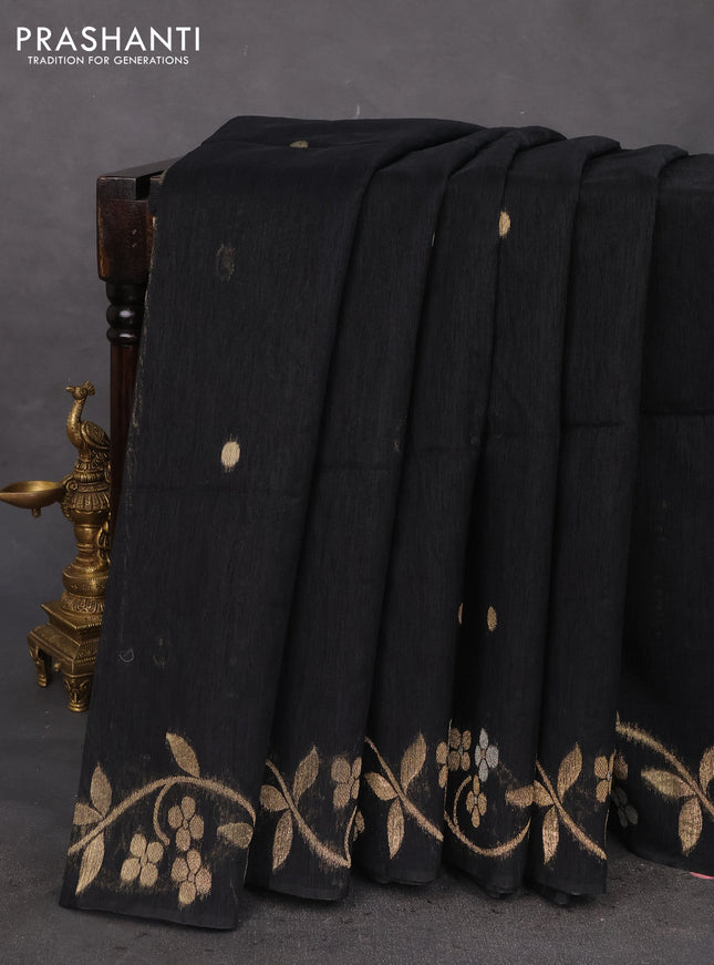 Jute linen saree black with zari woven buttas and floral zari woven border