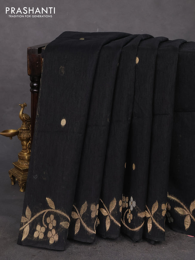 Jute linen saree black with zari woven buttas and floral zari woven border