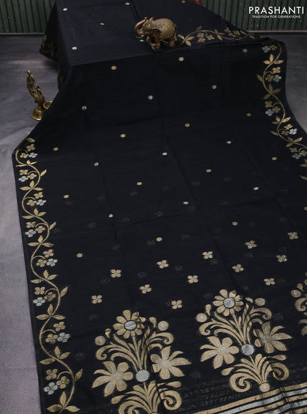 Jute linen saree black with zari woven buttas and floral zari woven border