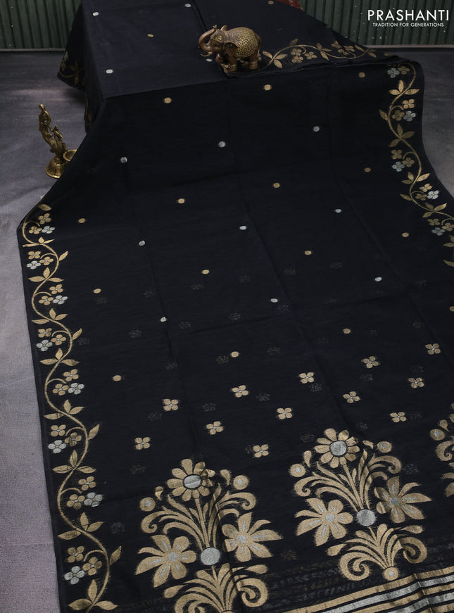 Jute linen saree black with zari woven buttas and floral zari woven border