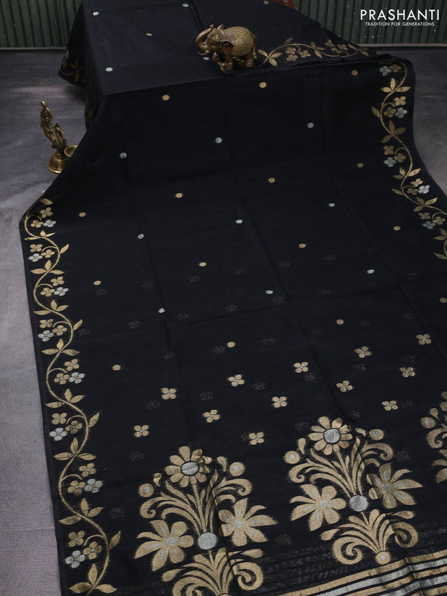 Jute linen saree black with zari woven buttas and floral zari woven border