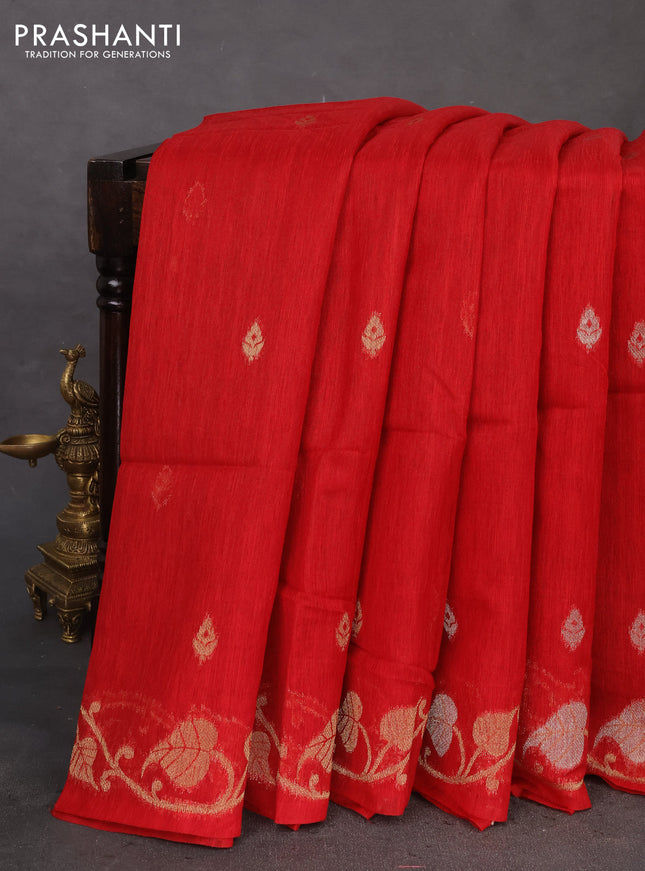 Jute linen saree red with zari woven buttas and leaf zari woven border