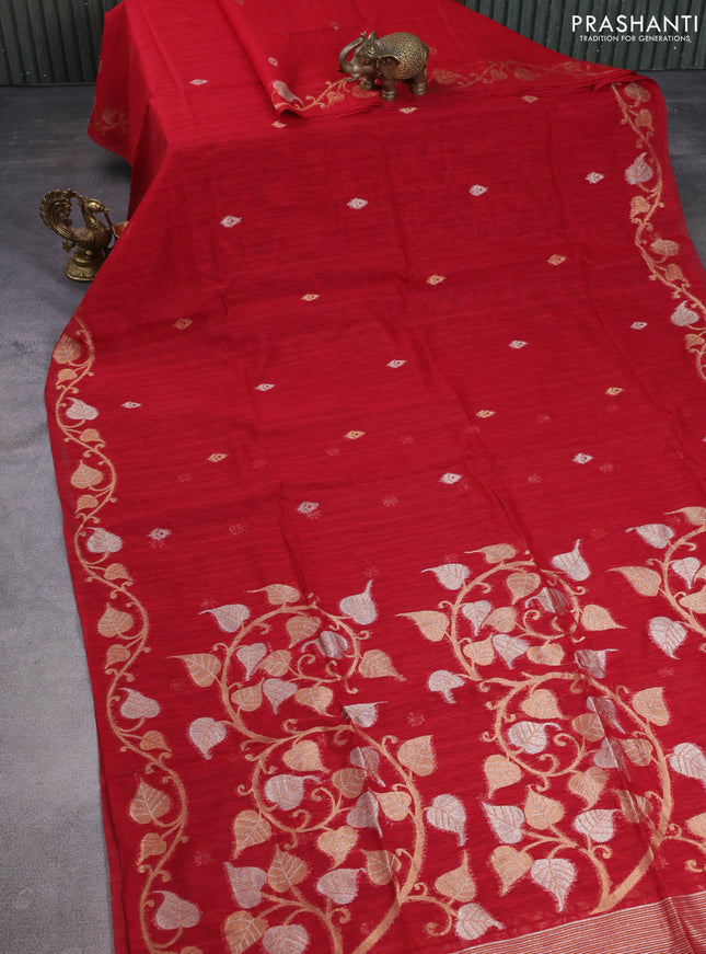 Jute linen saree red with zari woven buttas and leaf zari woven border