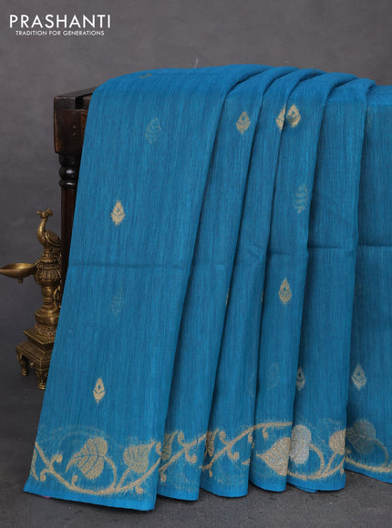 Jute linen saree teal blue with zari woven buttas and leaf zari woven border