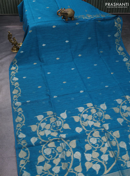 Jute linen saree teal blue with zari woven buttas and leaf zari woven border