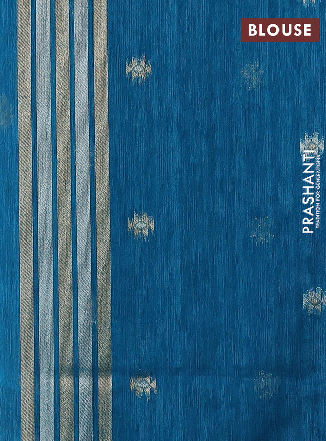Jute linen saree teal blue with zari woven buttas and leaf zari woven border