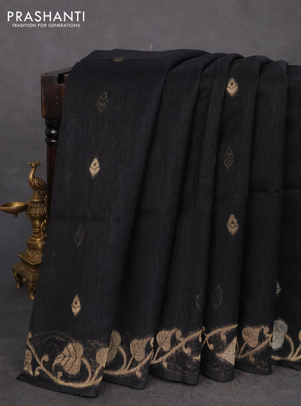 Jute linen saree black with zari woven buttas and leaf zari woven border