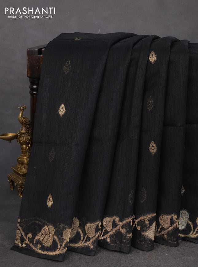 Jute linen saree black with zari woven buttas and leaf zari woven border