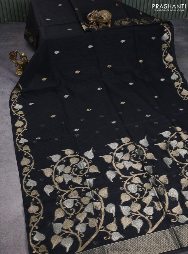 Jute linen saree black with zari woven buttas and leaf zari woven border
