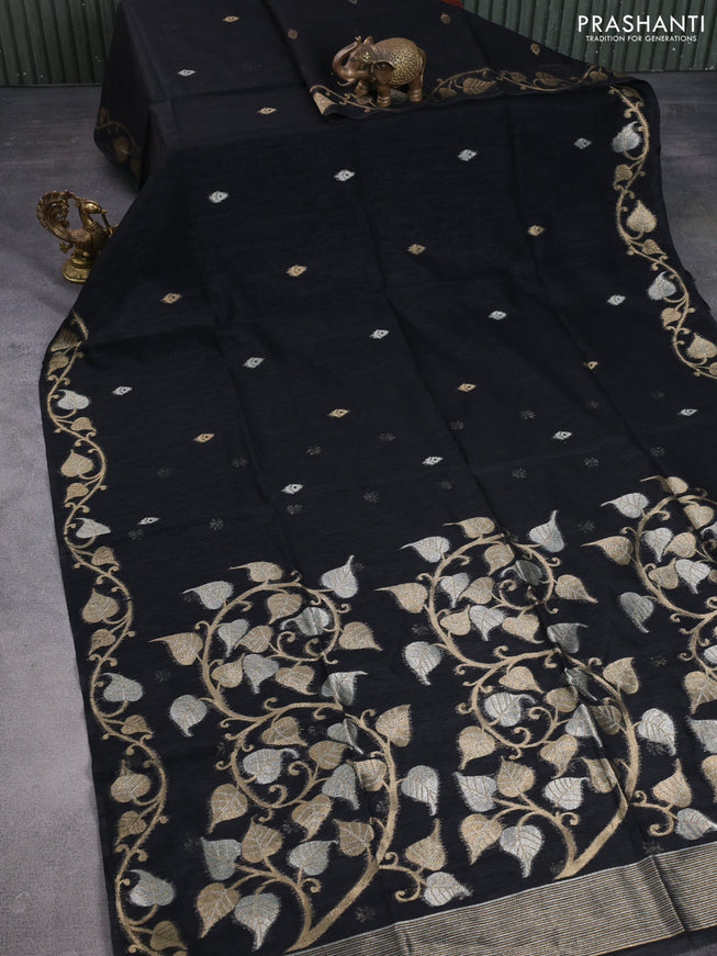 Jute linen saree black with zari woven buttas and leaf zari woven border