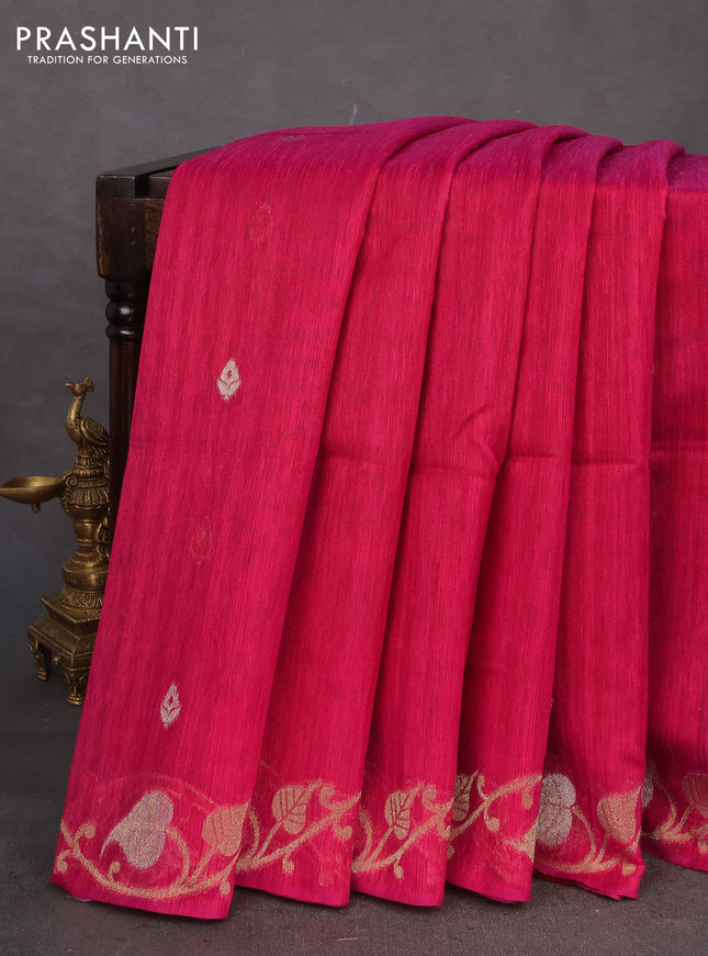Jute linen saree pink with zari woven buttas and leaf zari woven border