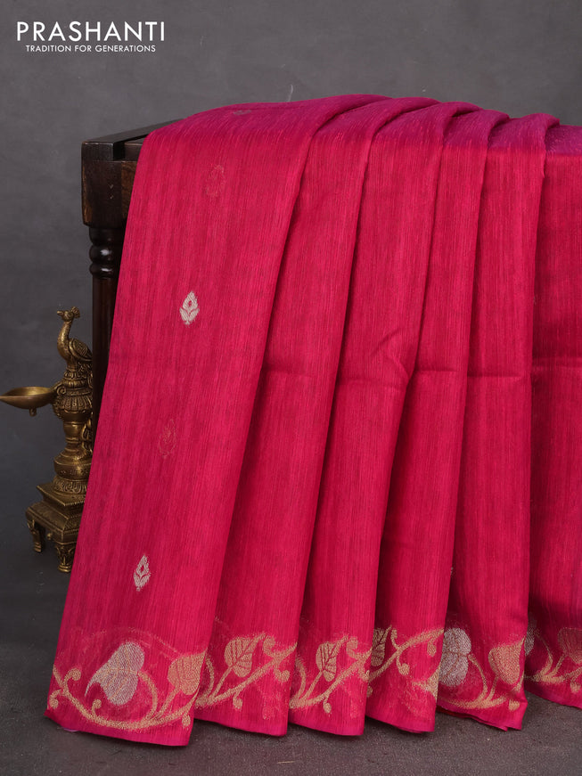 Jute linen saree pink with zari woven buttas and leaf zari woven border