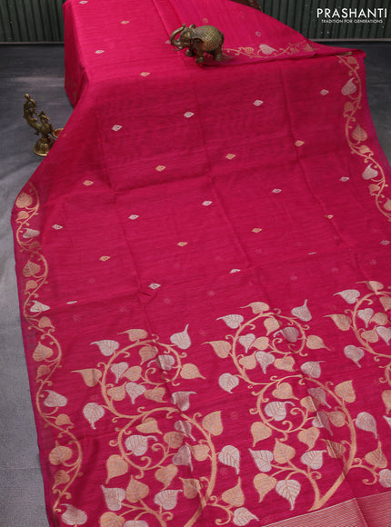Jute linen saree pink with zari woven buttas and leaf zari woven border