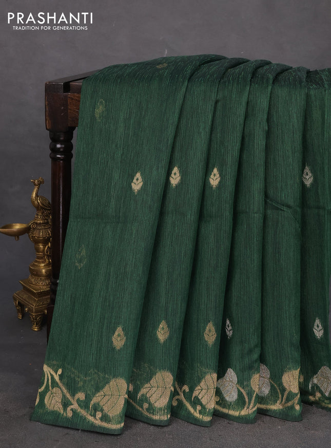 Jute linen saree green with zari woven buttas and leaf zari woven border