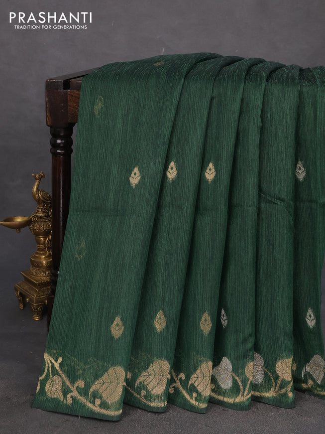 Jute linen saree green with zari woven buttas and leaf zari woven border