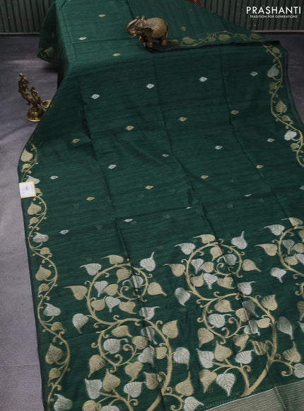 Jute linen saree green with zari woven buttas and leaf zari woven border