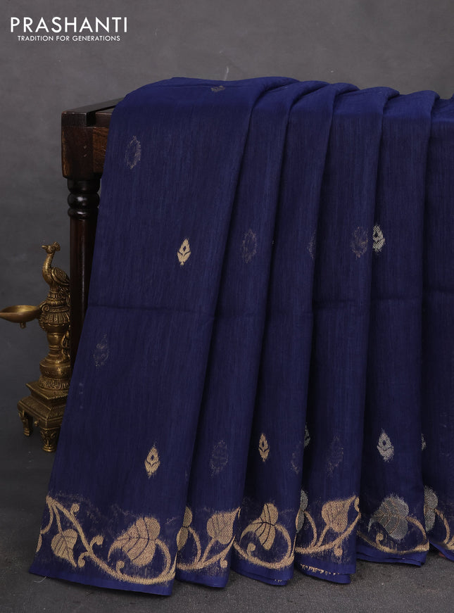 Jute linen saree navy blue with zari woven buttas and leaf zari woven border