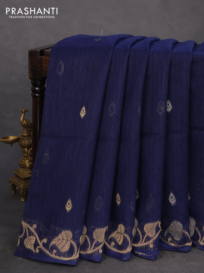 Jute linen saree navy blue with zari woven buttas and leaf zari woven border